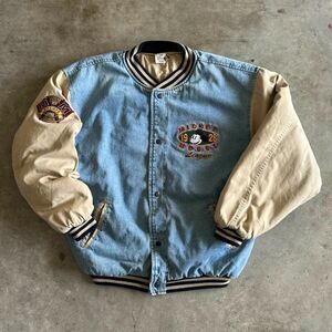 Vintage The Disney Store Mickey Mouse Varsity Denim Bomber Jacket Size XL